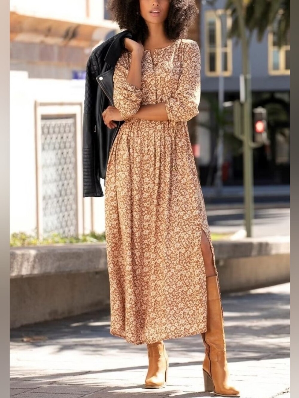 Women’s Floral Midi Dress - Tan